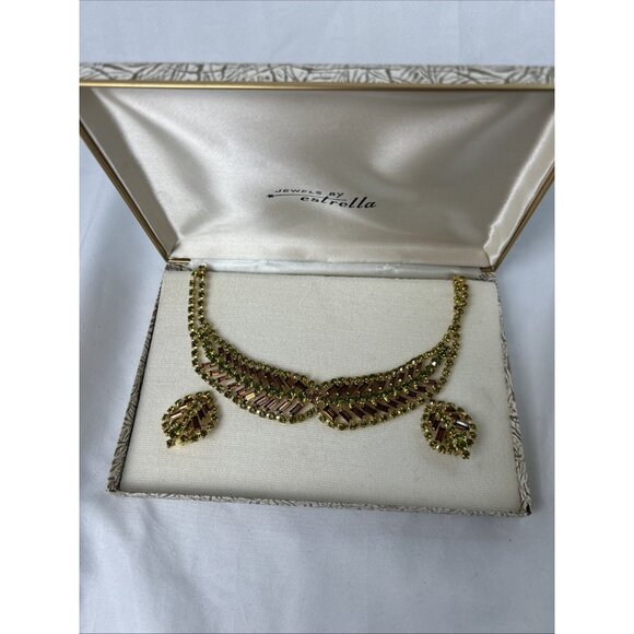Vintage Jewels By Estrella Rhinestone Necklace And Clip On Earring Set Green - Picture 2 of 8
